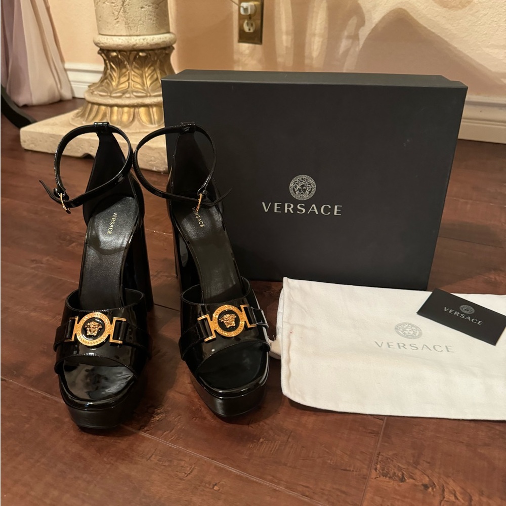 Authentic Versace Logo Platform Sandals Black Pat… - image 1